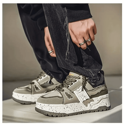 Men's Retro Skate Sneakers - Green & White Color Block, Thick Rubber Sole, Shock Absorbing Casual Sneakers