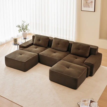 117' Modern U-Shaped Modular Sectional Sofa for Living Room, Corduroy Fabric, 3-Seater Couch with Deep Seat and Movable Ottoman,Pearl-like piping, Tufted Design,No Assembly, Anti-slip Design,Brown
