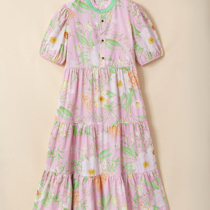 Pink Floral Print Short Puff Sleeve High Waist Tiered Maxi Dress