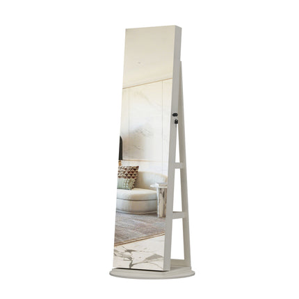 360°Swivel Jewelry Cabinet with Full Length Mirror, 360°Rotating Standing Jewelry Armoire Organizer, Lockable Storage Cabinet, Interior Lighted Mirror, White