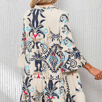 White Printed Tribal Bracelet Sleeve Buttoned Mini Dress