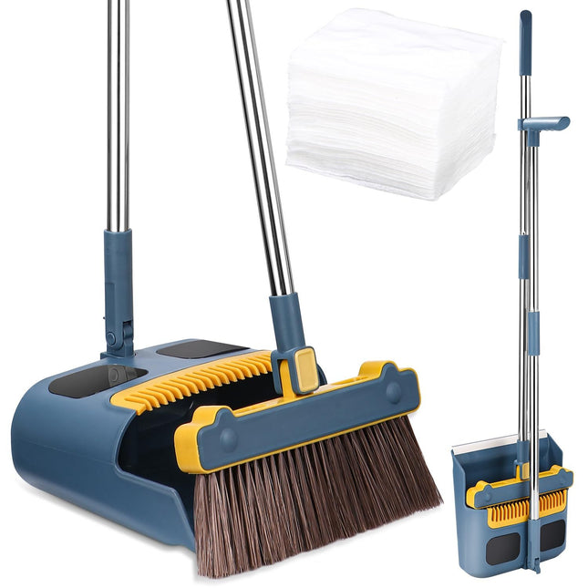 Broom and Dustpan Set with Long Handle, 180 Degree Rotatable Sweeper and Dustpan Combo