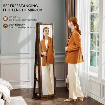 360° Rotating Jewelry Armoire With Lockable, 63" H Full Length Mirror With Jewelry Storage,