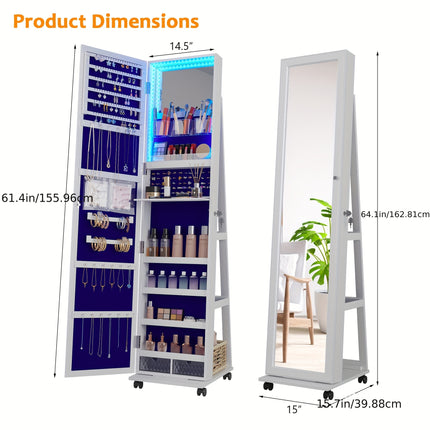 360° Rotating Jewelry Armoire with Lights, Lockable Mirror Jewelry Cabinet,