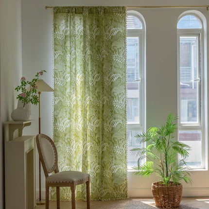 Green Plant Floral American Kitchen Print Fringe Curtain Complete Set Rod Style