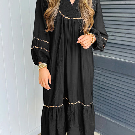 Black Contrast Leopard Trim Split Neck Long Sleeve Casual Midi Dress