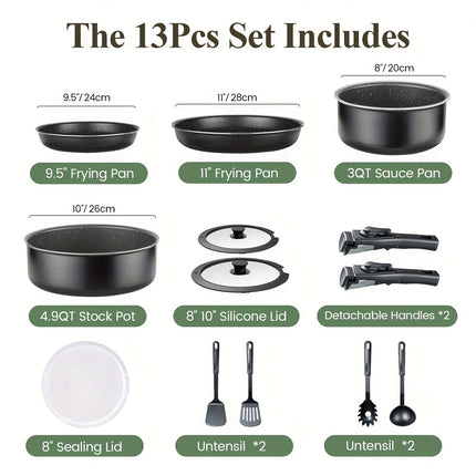 13pcs Kitchen Pots and Pans Set Nonstick, Cookware Sets with Detachable Handles,