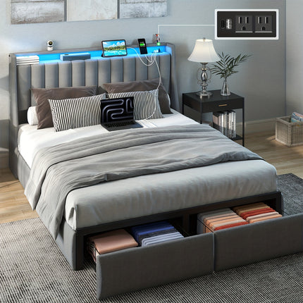 Full Queen King Bed Frame with 2 Storage Drawers And Luxury Wingback Upholstered Button Tufted Storage