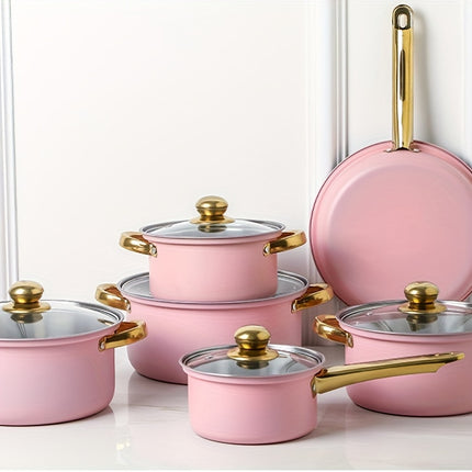 12pcs Stainless Steel Cookware Set, Pots And Pans Set Non Stick, Kitchen Pink Cookware Sets,