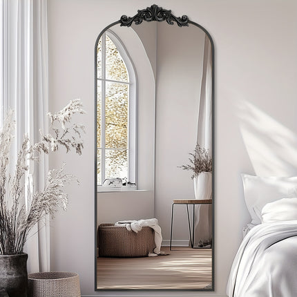 71"x28" Freestanding Arched Mirror with Carved Metal Frame & Bottom - No Assembly Required