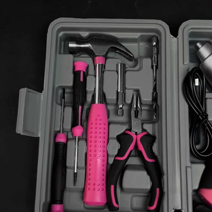Hi-Spec Pink 3.6v Electric Screwdriver + Hand Tool Set Compact Handheld, Includes Hammer, Pliers,