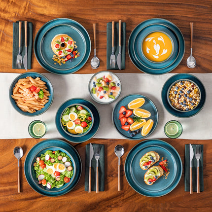16pcs Dining Set Featuring Blue Stoneware with a Double-Sided Reactive Glaze Design