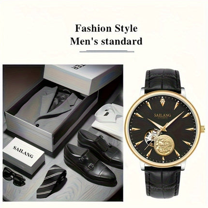 Men'S Sailing Hollow Mechanical Watch with Moon Phase & Calendar - Elegant Black Dial, Golden-Tone Accents