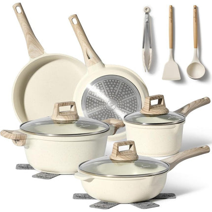 Cookware Set with Lids - All Stovetop Compatible - Non-Stick Pans - PFOA and PTFE Free - 13-Piece Set (Beige)