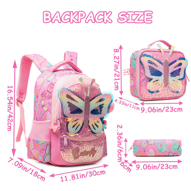 Girls Backpack for Elementary School with handbag and Pencil Case Cute Butterfly/Cat/Mermaid Backpack