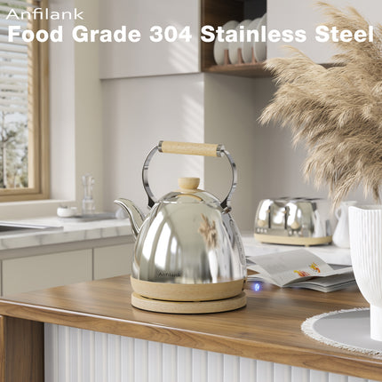 Stainless Steel Electric Kettle | 1500W Silver Wood Grain Design, Fast Boil, Anti-Dry Burning,