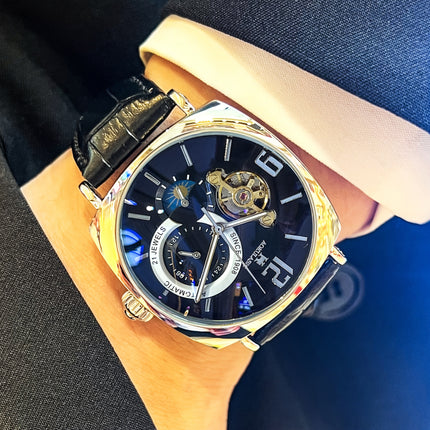 Elegant Men's Mechanical Watch - Retro Square Dial, Skeleton Design, Alloy Case
