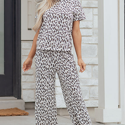 Beige Leopard Print Casual Tee and Pants 2pcs Outfit