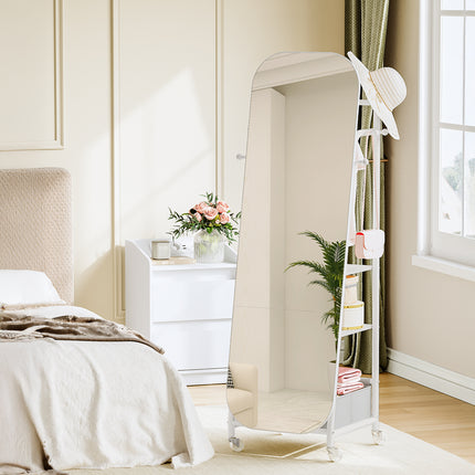 Freestanding Mirror Coat Rack, 50 x 165.8 cm, 360° Swivel Wheels, Storage Box & Hooks for Bedroom,