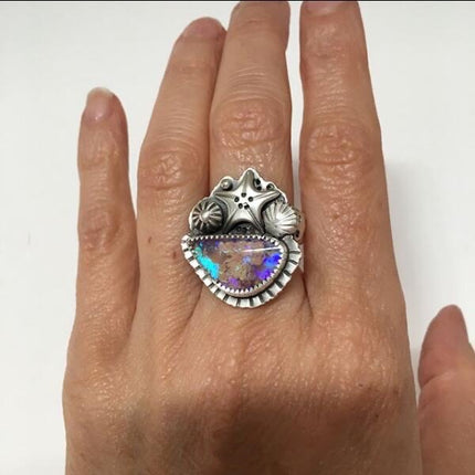 Star-shaped Retro Irregular Colored-stone Alloy Ring