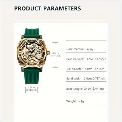 1pc Men'S Green Tape Gorgeous Retro Fully Automatic Hollow Mechanical Watch, Without Battery