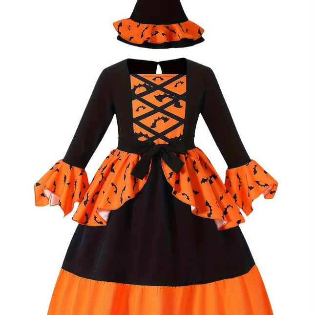 Girls' autumn Halloween fashion dress: bat print patchwork lace dress , - GARDIWALL