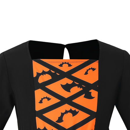 Girls' autumn Halloween fashion dress: bat print patchwork lace dress , - GARDIWALL