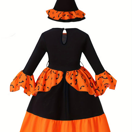 Girls' autumn Halloween fashion dress: bat print patchwork lace dress , - GARDIWALL