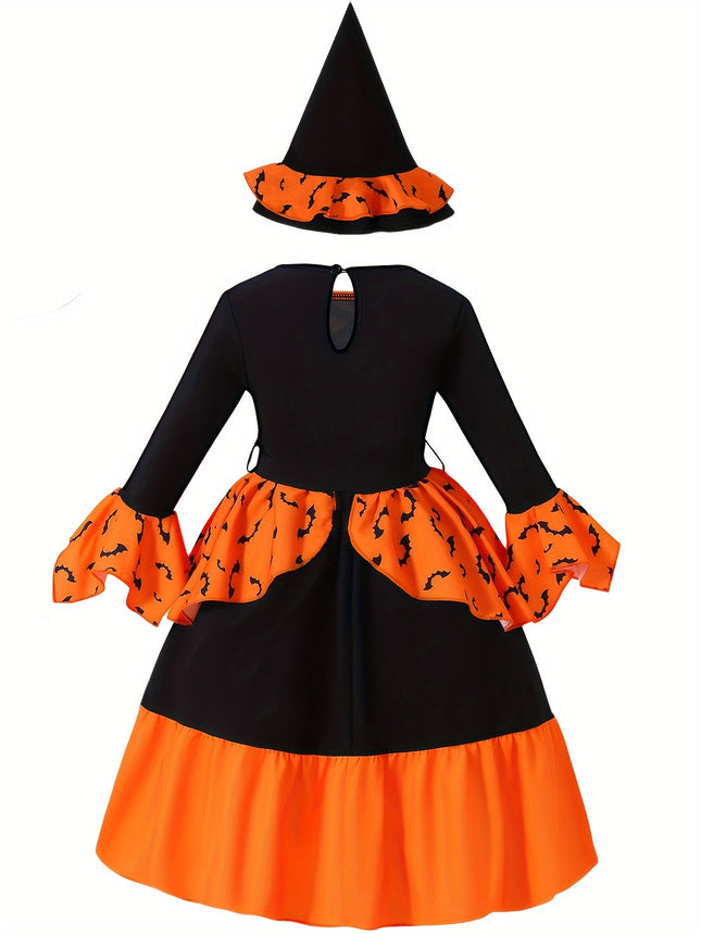 Girls' autumn Halloween fashion dress: bat print patchwork lace dress , - GARDIWALL