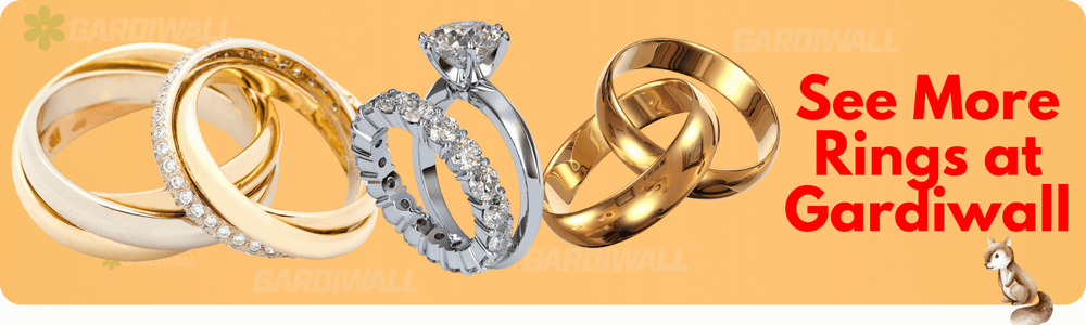 Gold and silver rings on a yellow background with text 'See More Rings at Gardiwall'.