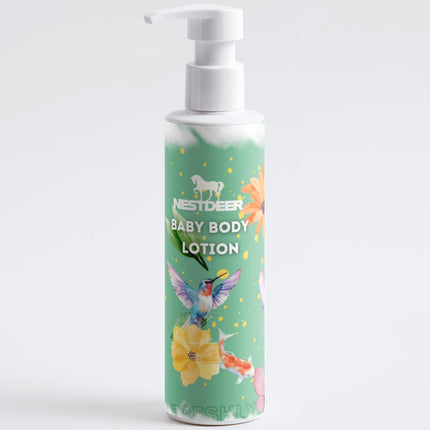 Baby body lotion bottle with colorful label on a white background