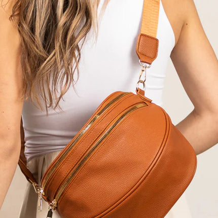 Parchment PU Leather Double Zipper Crossbody Bag - GARDIWALL