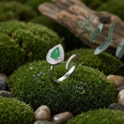 925 Sterling Silver Elegant Pear-Cut Emerald Bypass Rings Wholesale with Dazzling CZ Halo and Baguette Accents - JewelryODM
