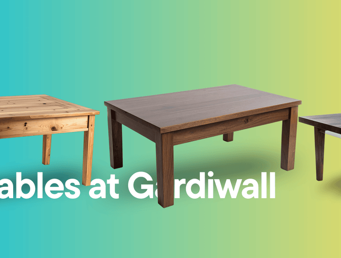 Three wooden tables on a gradient background with 'Tables at Gardiwall' text.