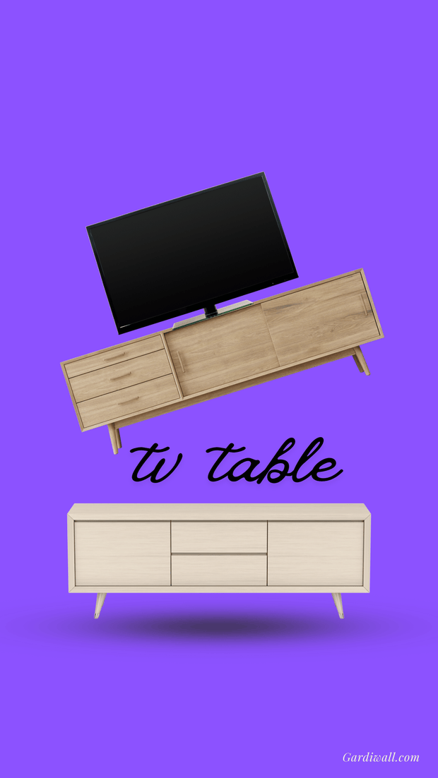 Wooden TV table with a TV on top against a purple background