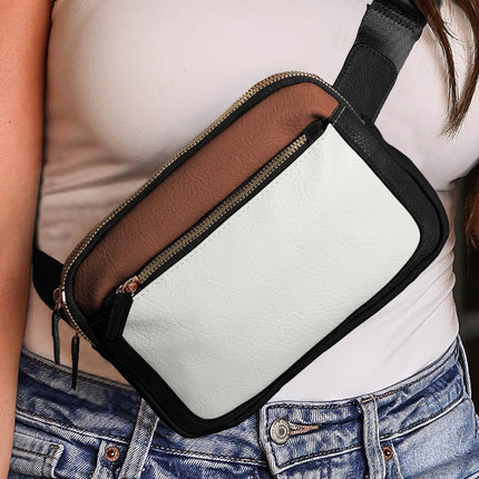 White Color Block Adjustable Belt PU Leather Crossbody Bag - GARDIWALL
