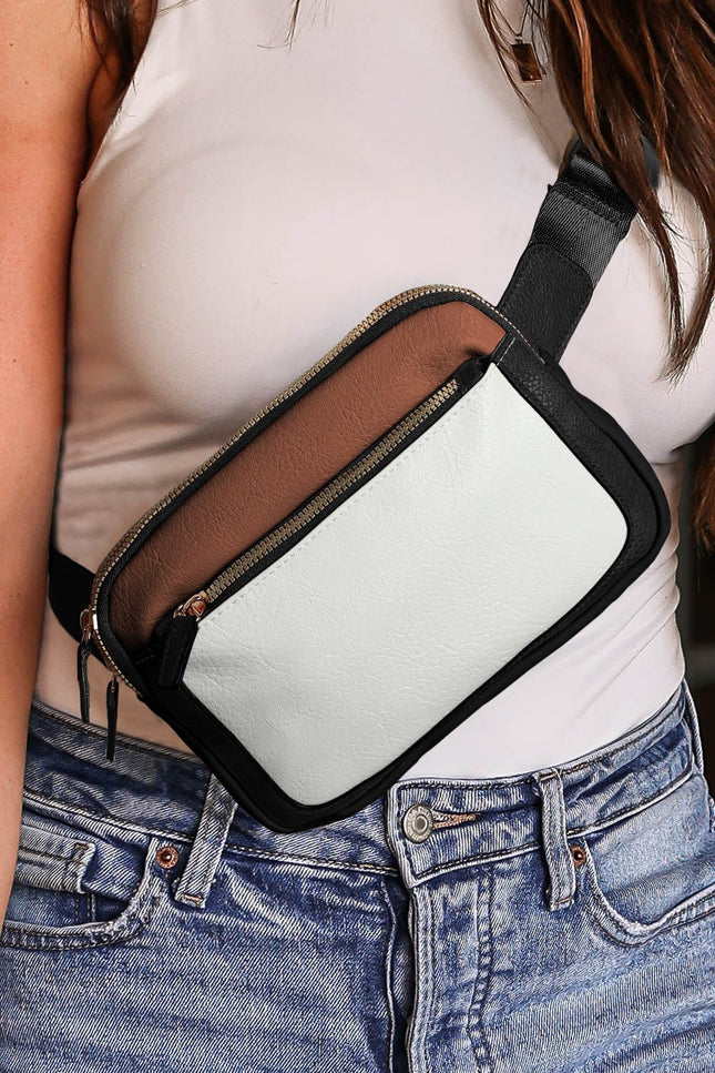 White Color Block Adjustable Belt PU Leather Crossbody Bag - GARDIWALL