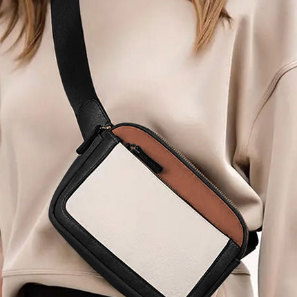White Color Block Adjustable Belt PU Leather Crossbody Bag - GARDIWALL