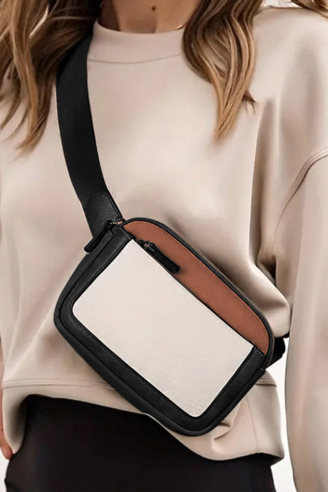 White Color Block Adjustable Belt PU Leather Crossbody Bag - GARDIWALL