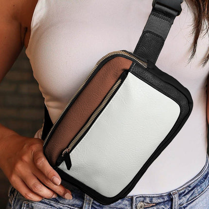 White Color Block Adjustable Belt PU Leather Crossbody Bag - GARDIWALL